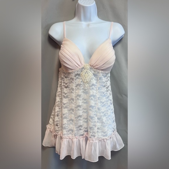 APT.9 Intimates Women's Pink Lace Floral‎ Sheer Babydoll Chemise Small - Picture 1 of 9